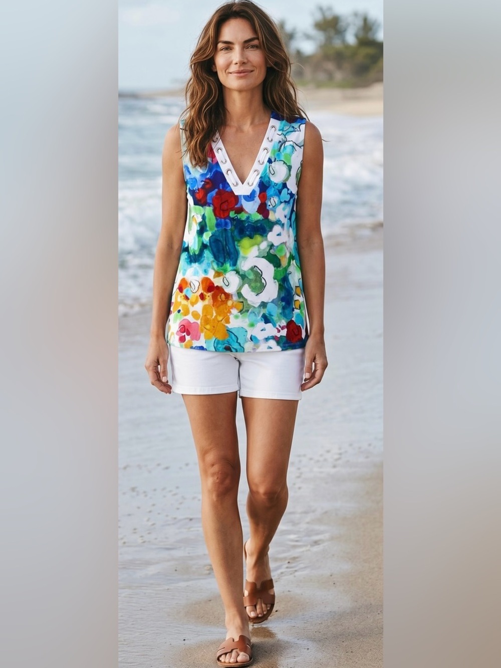 Sleeveless V-Neck Lace-Up Tank Top in Multicolor Floral